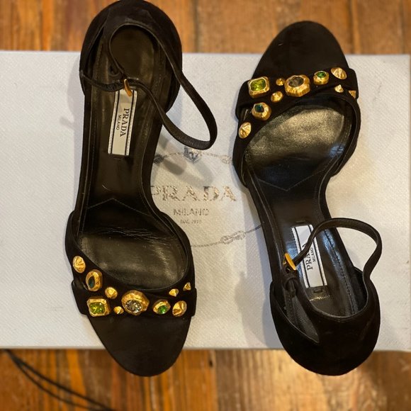 PRADA Black Suede Ankle Strap Sandals Metal Sculptural Gold Heel with Emeralds - Picture 6 of 16